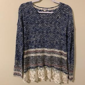 JOLT Lightweight Sweater with attached lace hem, Size Medium
